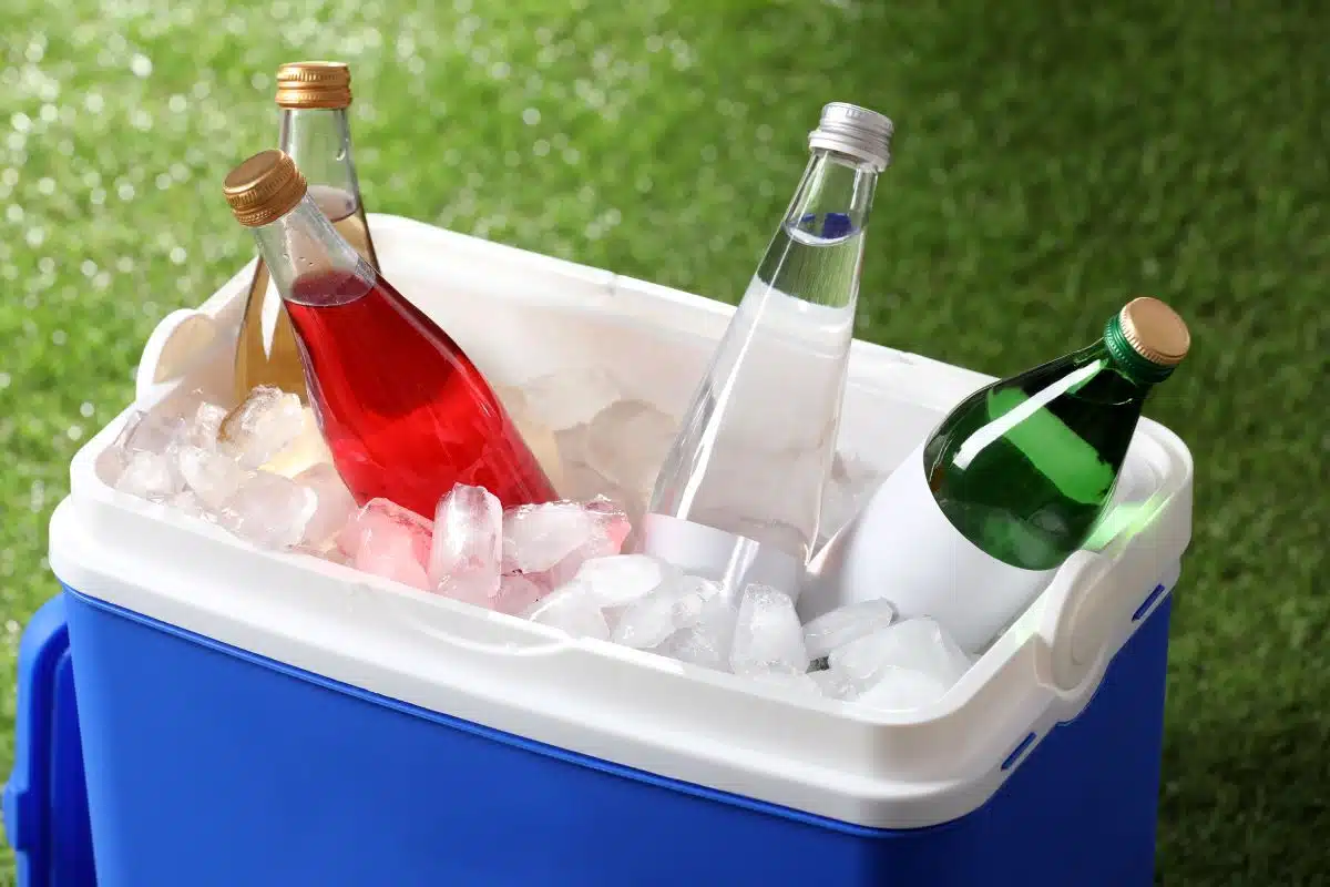 Eine tragbare kühltasche für getränke in dosen, plastik- und glasflaschen  mit eis für einen strandurlaub